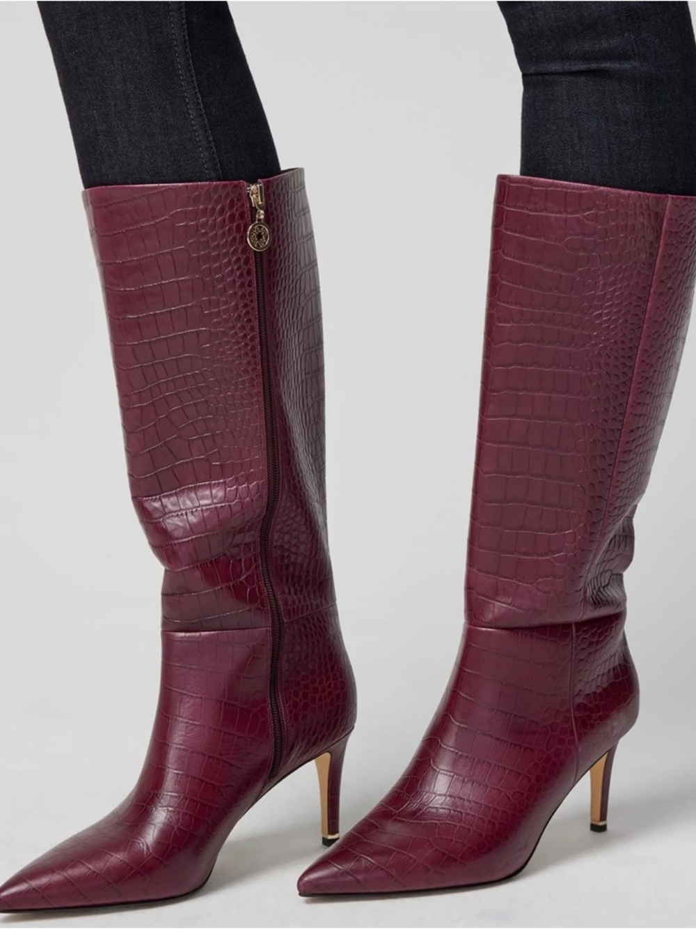 WHBM Maroon Croc-Embossed Heeled Boots
